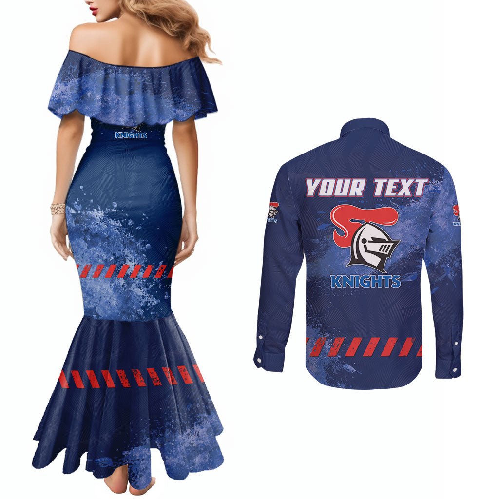 Personalised Newcastle Knights Rugby Couples Matching Mermaid Dress and Long Sleeve Button Shirt Newy Warrior Mascot - Sporty Splash Art Style