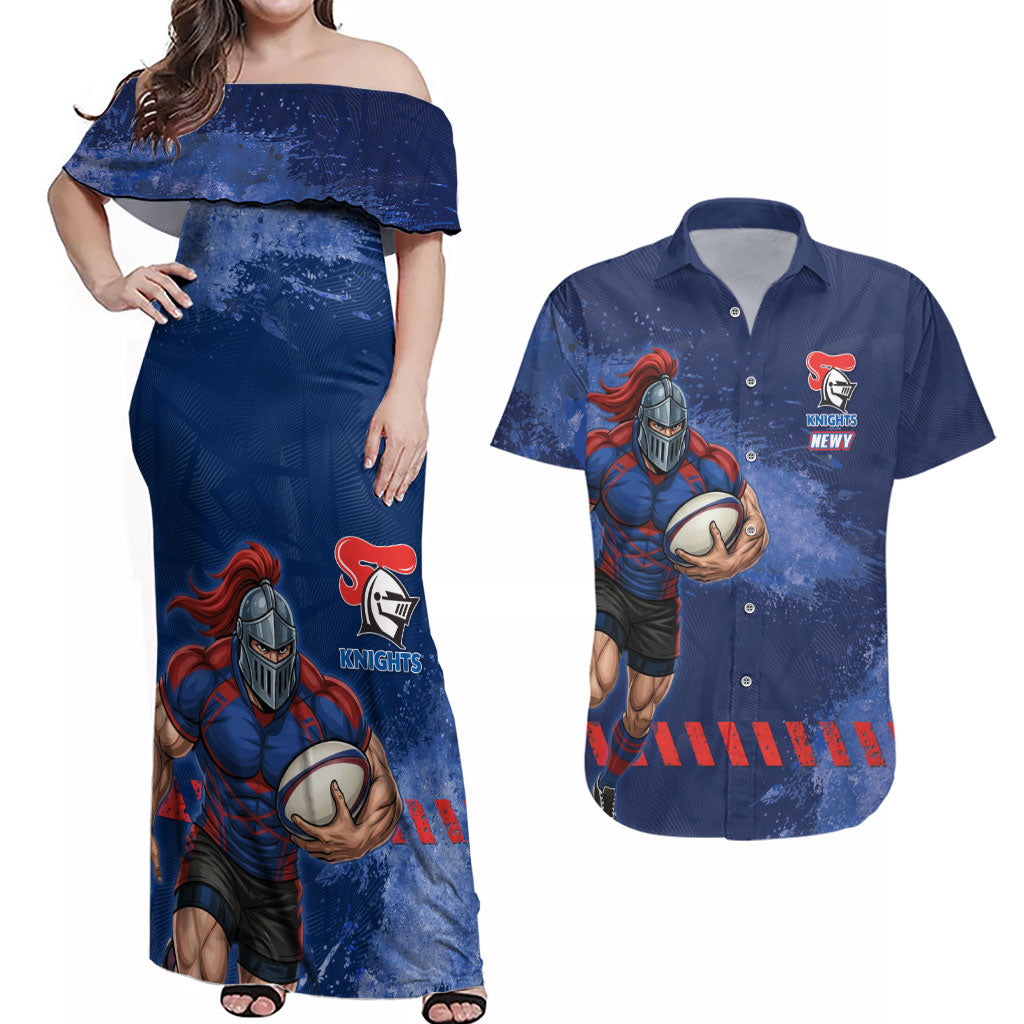 Personalised Newcastle Knights Rugby Couples Matching Off Shoulder Maxi Dress and Hawaiian Shirt Newy Warrior Mascot - Sporty Splash Art Style