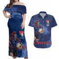 Personalised Newcastle Knights Rugby Couples Matching Off Shoulder Maxi Dress and Hawaiian Shirt Newy Warrior Mascot - Sporty Splash Art Style