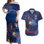 Personalised Newcastle Knights Rugby Couples Matching Off Shoulder Maxi Dress and Hawaiian Shirt Newy Warrior Mascot - Sporty Splash Art Style