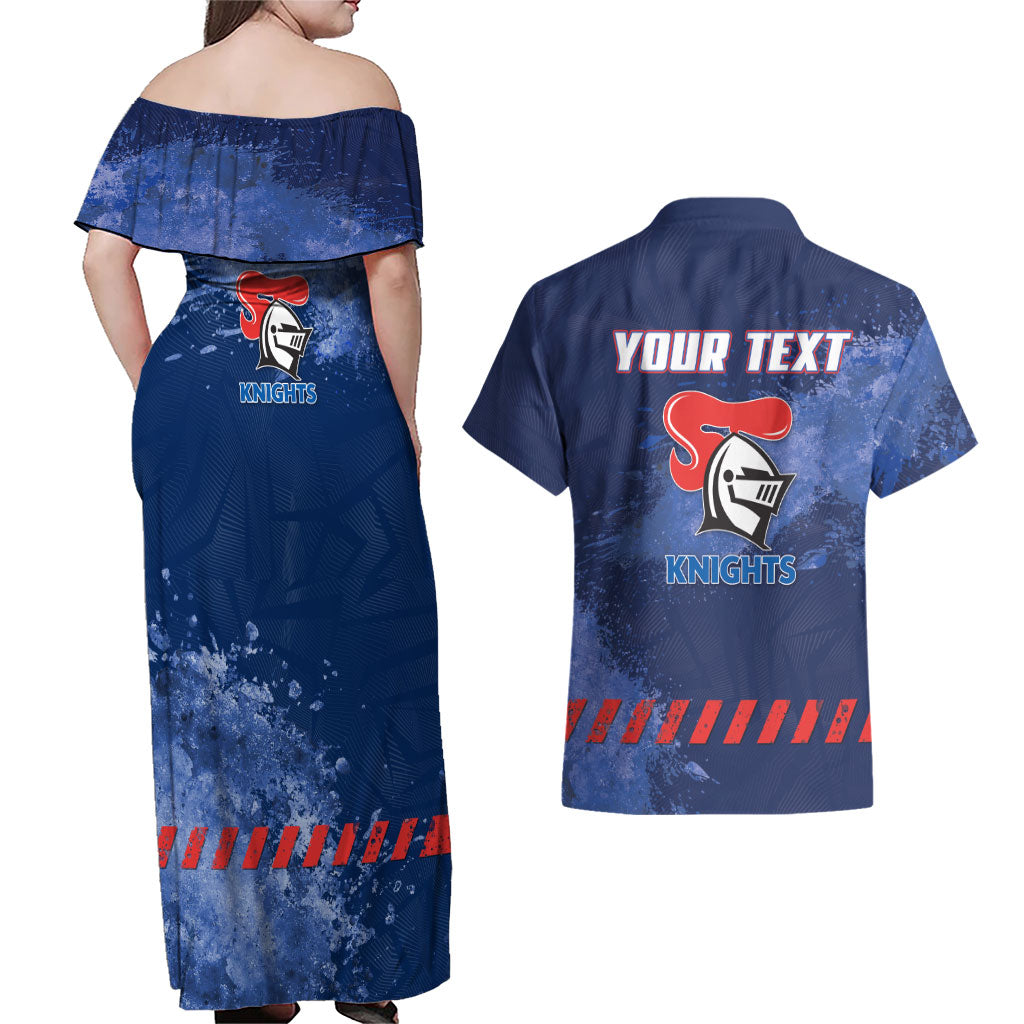 Personalised Newcastle Knights Rugby Couples Matching Off Shoulder Maxi Dress and Hawaiian Shirt Newy Warrior Mascot - Sporty Splash Art Style