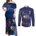 Personalised Newcastle Knights Rugby Couples Matching Off Shoulder Maxi Dress and Long Sleeve Button Shirt Newy Warrior Mascot - Sporty Splash Art Style