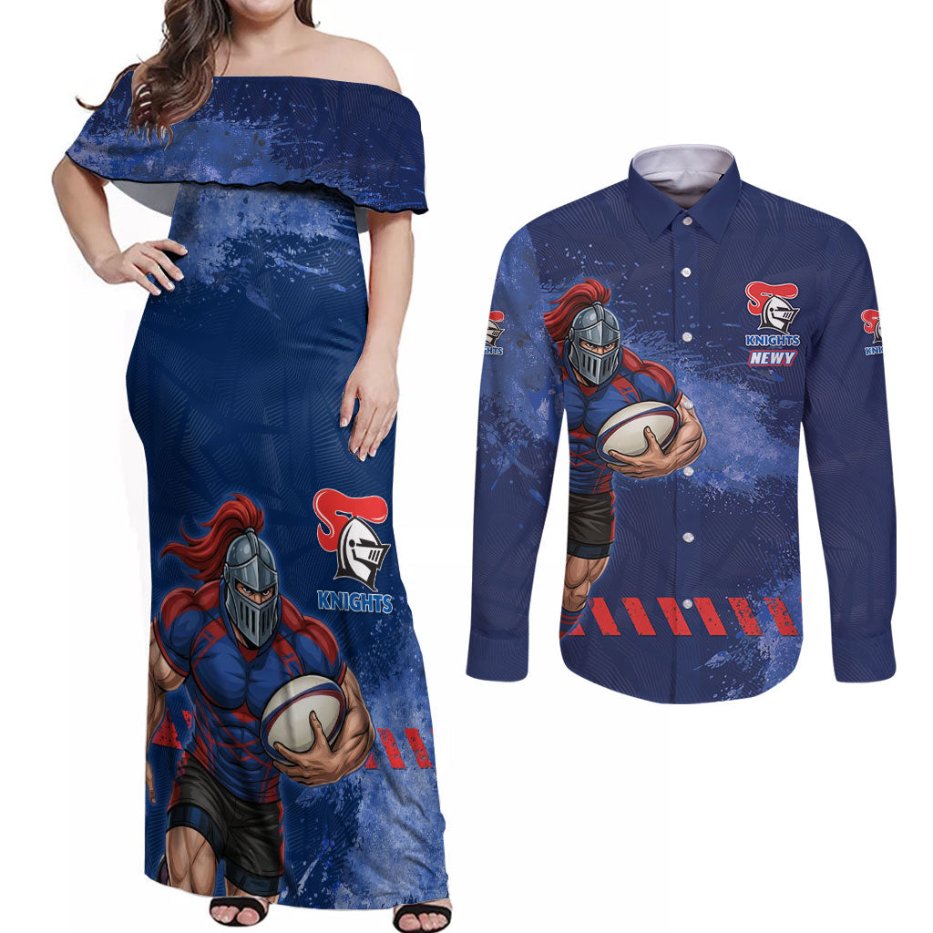 Personalised Newcastle Knights Rugby Couples Matching Off Shoulder Maxi Dress and Long Sleeve Button Shirt Newy Warrior Mascot - Sporty Splash Art Style
