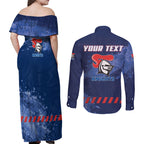Personalised Newcastle Knights Rugby Couples Matching Off Shoulder Maxi Dress and Long Sleeve Button Shirt Newy Warrior Mascot - Sporty Splash Art Style