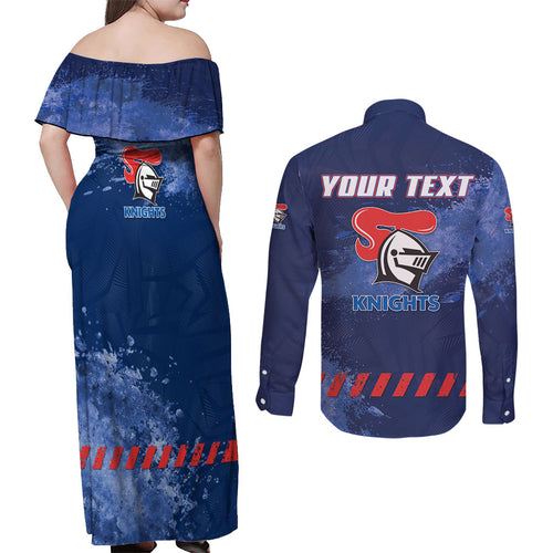 Personalised Newcastle Knights Rugby Couples Matching Off Shoulder Maxi Dress and Long Sleeve Button Shirt Newy Warrior Mascot - Sporty Splash Art Style