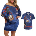 Personalised Newcastle Knights Rugby Couples Matching Off Shoulder Short Dress and Hawaiian Shirt Newy Warrior Mascot - Sporty Splash Art Style