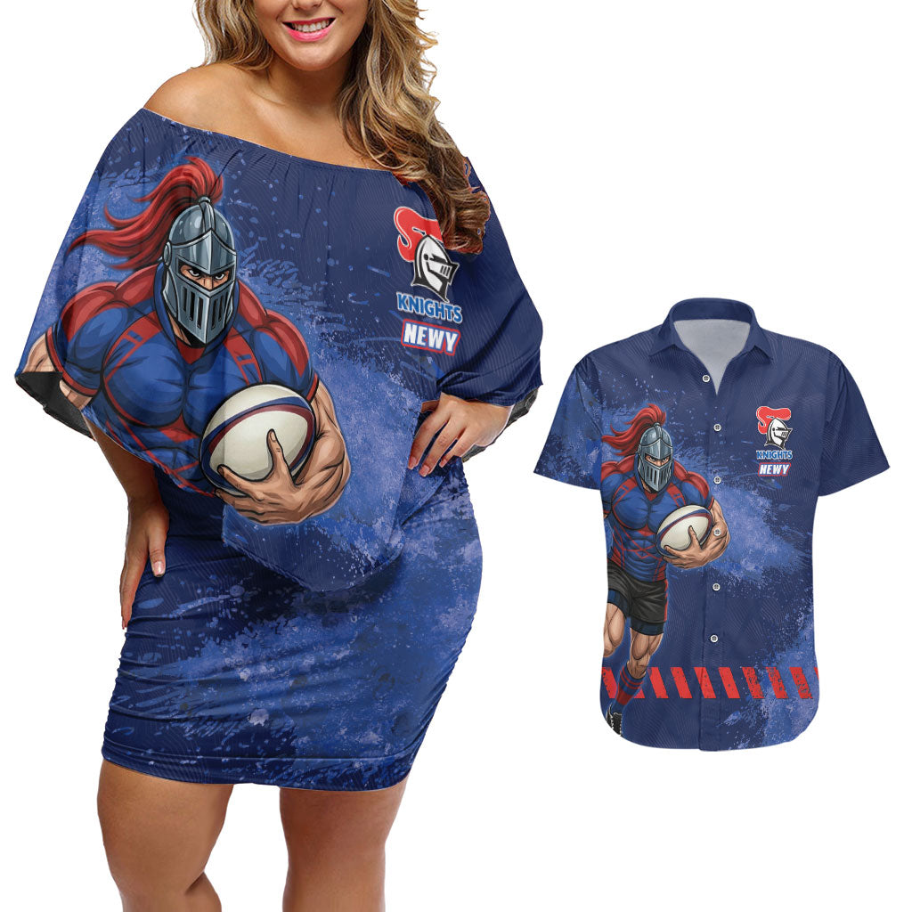 Personalised Newcastle Knights Rugby Couples Matching Off Shoulder Short Dress and Hawaiian Shirt Newy Warrior Mascot - Sporty Splash Art Style