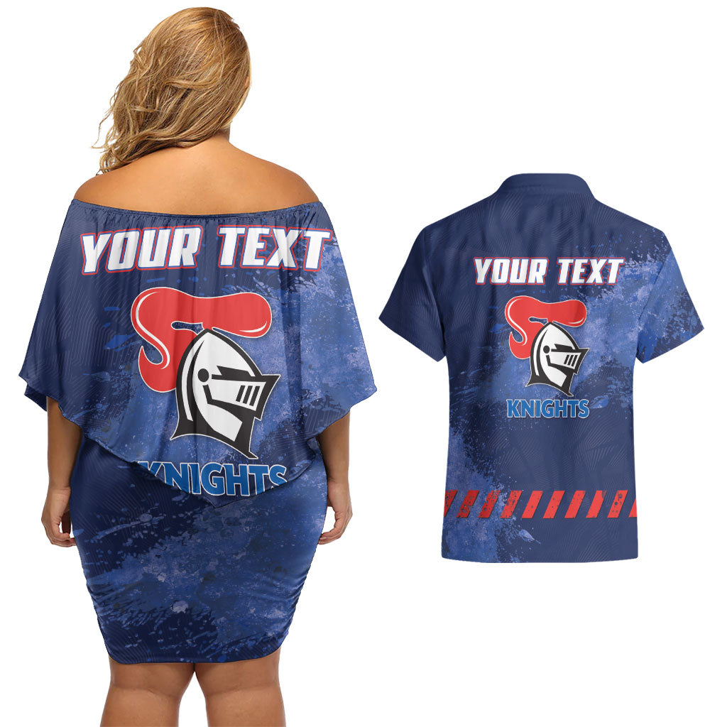 Personalised Newcastle Knights Rugby Couples Matching Off Shoulder Short Dress and Hawaiian Shirt Newy Warrior Mascot - Sporty Splash Art Style