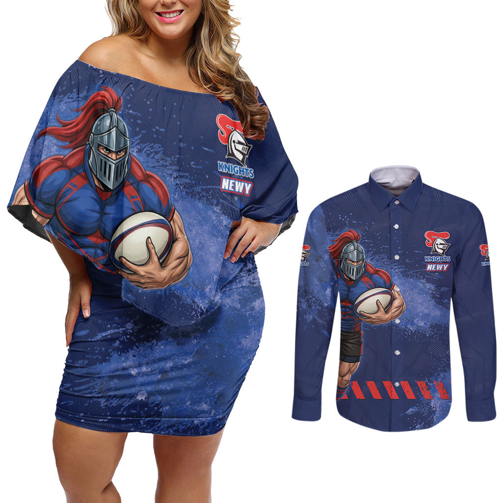 Personalised Newcastle Knights Rugby Couples Matching Off Shoulder Short Dress and Long Sleeve Button Shirt Newy Warrior Mascot - Sporty Splash Art Style