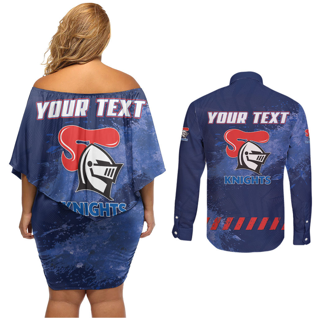 Personalised Newcastle Knights Rugby Couples Matching Off Shoulder Short Dress and Long Sleeve Button Shirt Newy Warrior Mascot - Sporty Splash Art Style