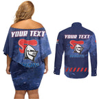 Personalised Newcastle Knights Rugby Couples Matching Off Shoulder Short Dress and Long Sleeve Button Shirt Newy Warrior Mascot - Sporty Splash Art Style