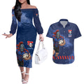 Personalised Newcastle Knights Rugby Couples Matching Off The Shoulder Long Sleeve Dress and Hawaiian Shirt Newy Warrior Mascot - Sporty Splash Art Style