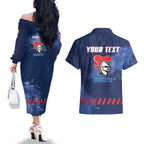 Personalised Newcastle Knights Rugby Couples Matching Off The Shoulder Long Sleeve Dress and Hawaiian Shirt Newy Warrior Mascot - Sporty Splash Art Style