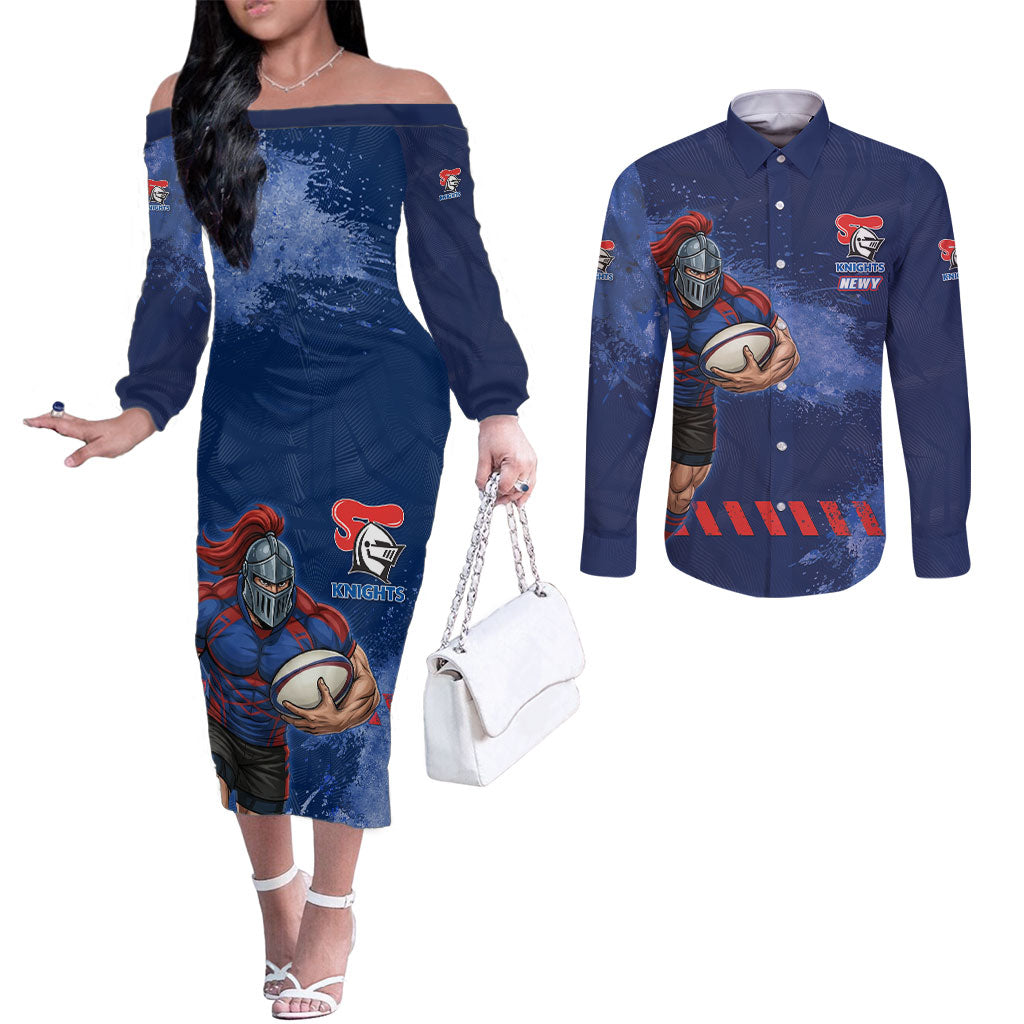 Personalised Newcastle Knights Rugby Couples Matching Off The Shoulder Long Sleeve Dress and Long Sleeve Button Shirt Newy Warrior Mascot - Sporty Splash Art Style