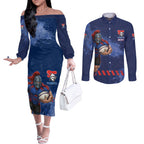 Personalised Newcastle Knights Rugby Couples Matching Off The Shoulder Long Sleeve Dress and Long Sleeve Button Shirt Newy Warrior Mascot - Sporty Splash Art Style