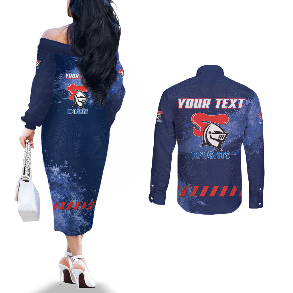 Personalised Newcastle Knights Rugby Couples Matching Off The Shoulder Long Sleeve Dress and Long Sleeve Button Shirt Newy Warrior Mascot - Sporty Splash Art Style