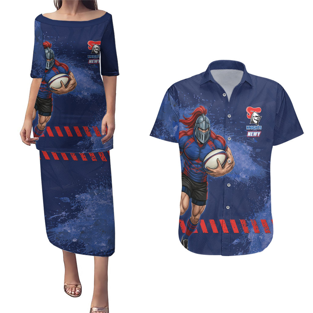 Personalised Newcastle Knights Rugby Couples Matching Puletasi and Hawaiian Shirt Newy Warrior Mascot - Sporty Splash Art Style