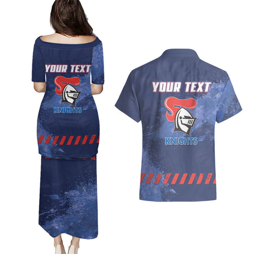 Personalised Newcastle Knights Rugby Couples Matching Puletasi and Hawaiian Shirt Newy Warrior Mascot - Sporty Splash Art Style