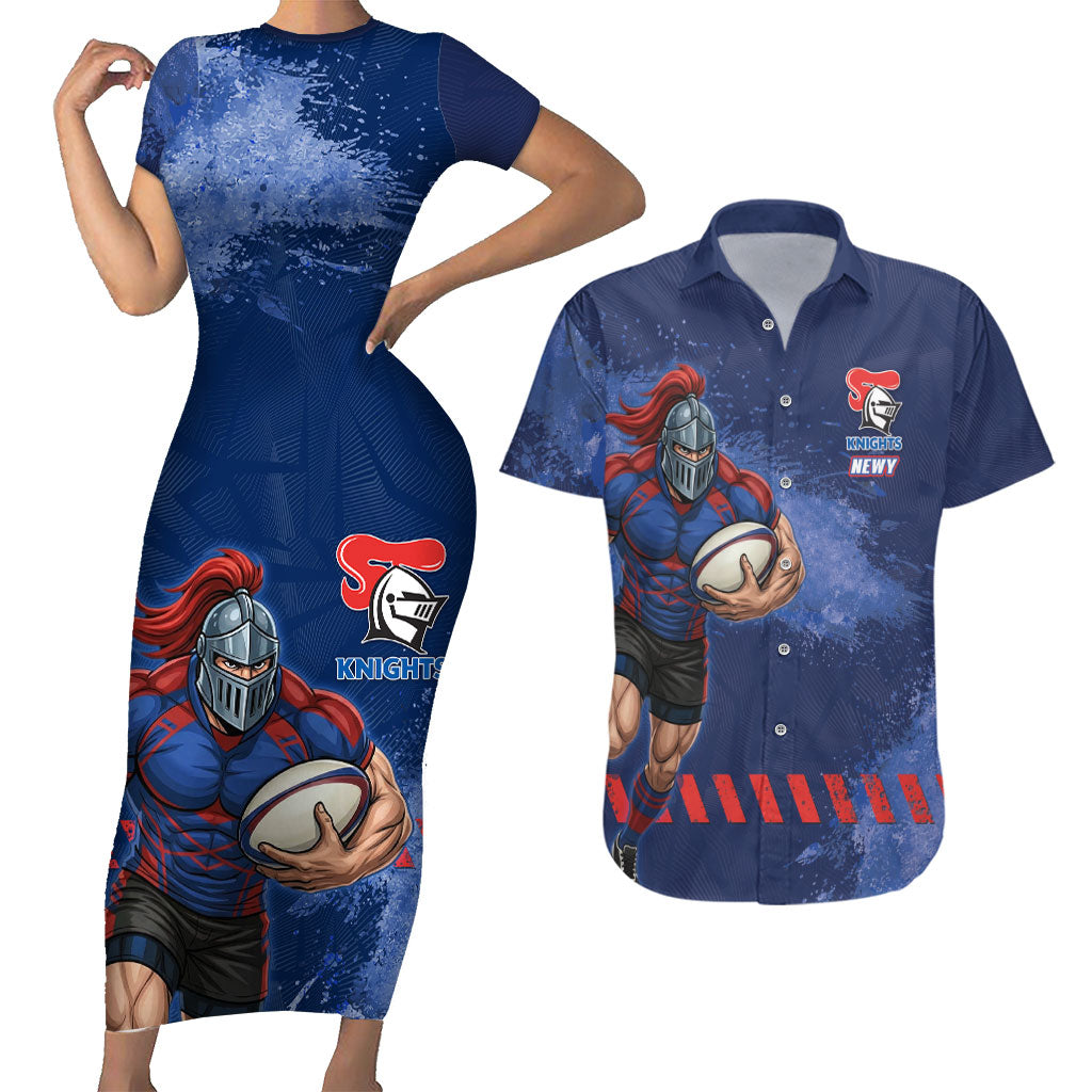 Personalised Newcastle Knights Rugby Couples Matching Short Sleeve Bodycon Dress and Hawaiian Shirt Newy Warrior Mascot - Sporty Splash Art Style