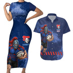 Personalised Newcastle Knights Rugby Couples Matching Short Sleeve Bodycon Dress and Hawaiian Shirt Newy Warrior Mascot - Sporty Splash Art Style