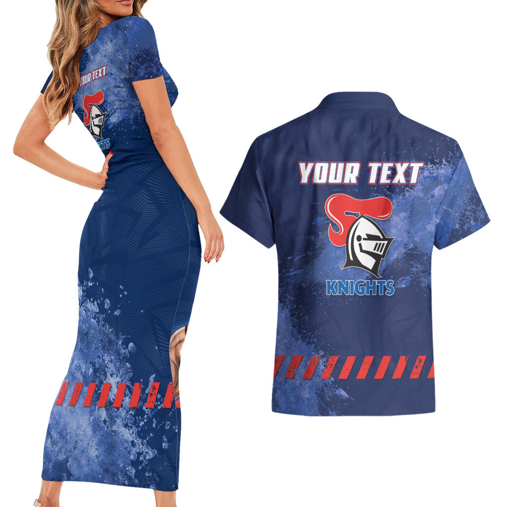 Personalised Newcastle Knights Rugby Couples Matching Short Sleeve Bodycon Dress and Hawaiian Shirt Newy Warrior Mascot - Sporty Splash Art Style