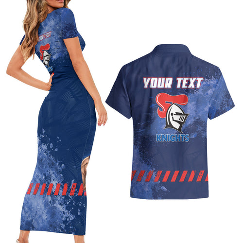 Personalised Newcastle Knights Rugby Couples Matching Short Sleeve Bodycon Dress and Hawaiian Shirt Newy Warrior Mascot - Sporty Splash Art Style