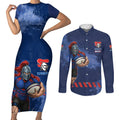 Personalised Newcastle Knights Rugby Couples Matching Short Sleeve Bodycon Dress and Long Sleeve Button Shirt Newy Warrior Mascot - Sporty Splash Art Style