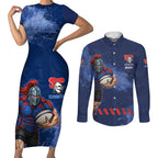 Personalised Newcastle Knights Rugby Couples Matching Short Sleeve Bodycon Dress and Long Sleeve Button Shirt Newy Warrior Mascot - Sporty Splash Art Style