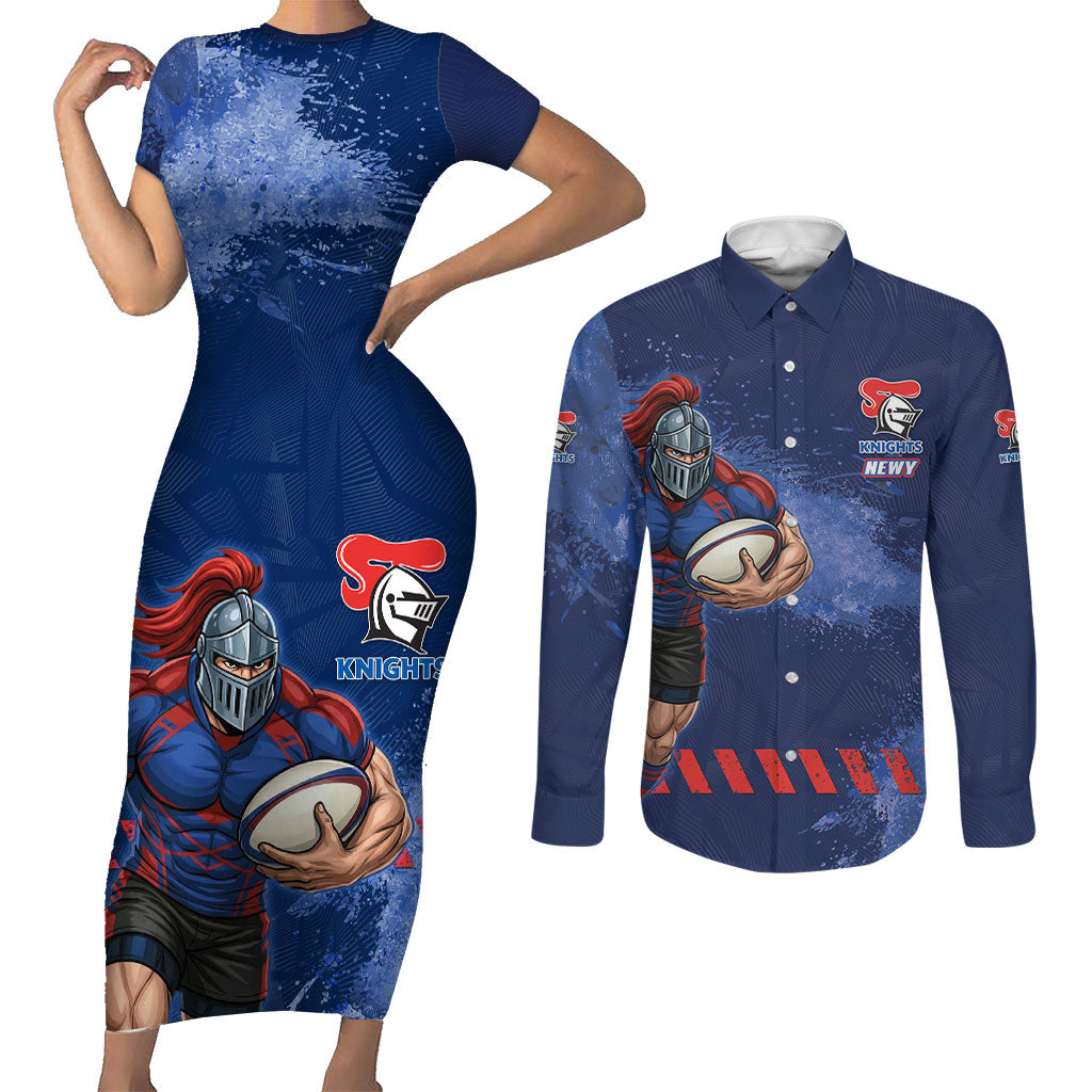 Personalised Newcastle Knights Rugby Couples Matching Short Sleeve Bodycon Dress and Long Sleeve Button Shirt Newy Warrior Mascot - Sporty Splash Art Style