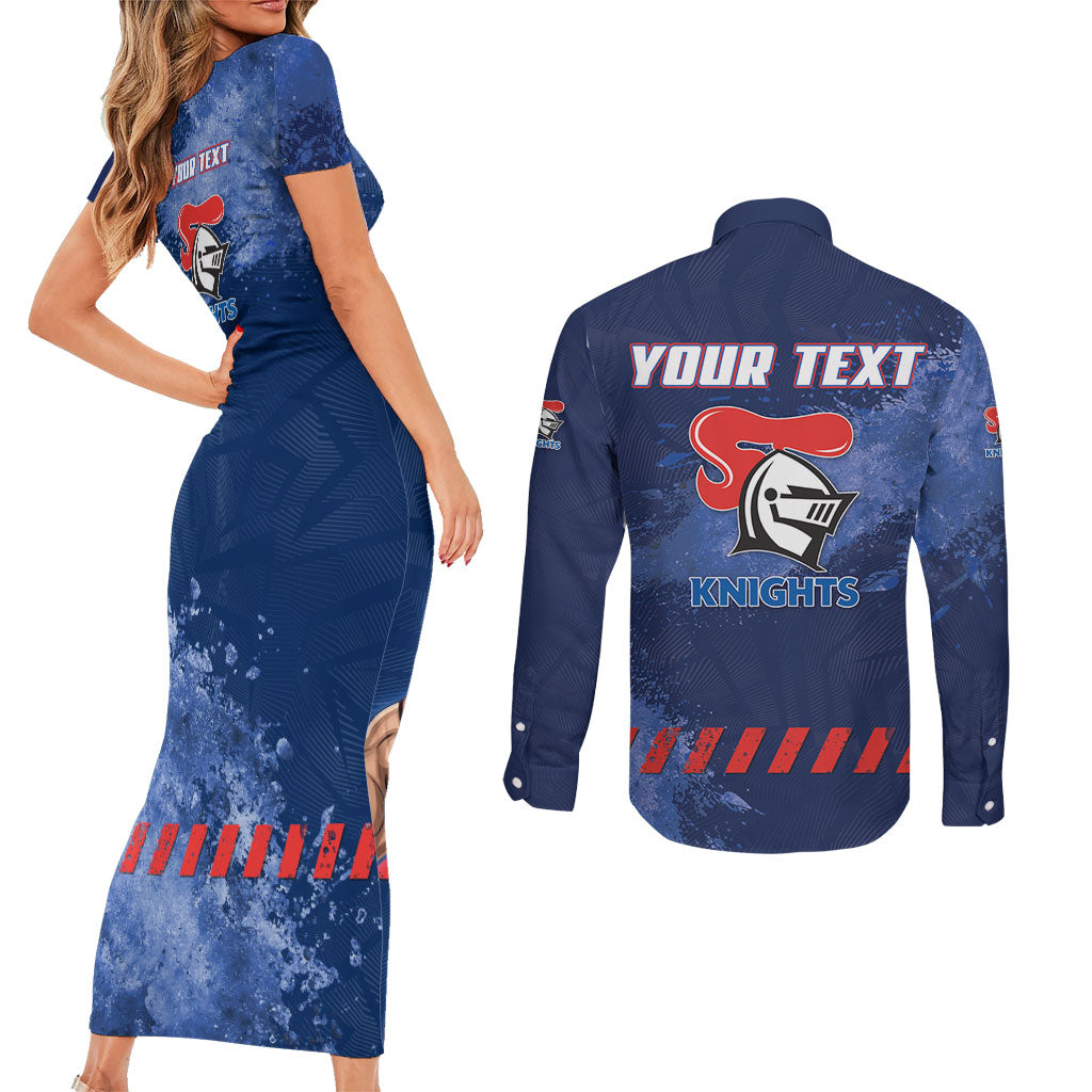 Personalised Newcastle Knights Rugby Couples Matching Short Sleeve Bodycon Dress and Long Sleeve Button Shirt Newy Warrior Mascot - Sporty Splash Art Style
