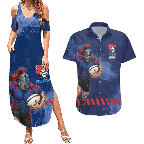 Personalised Newcastle Knights Rugby Couples Matching Summer Maxi Dress and Hawaiian Shirt Newy Warrior Mascot - Sporty Splash Art Style