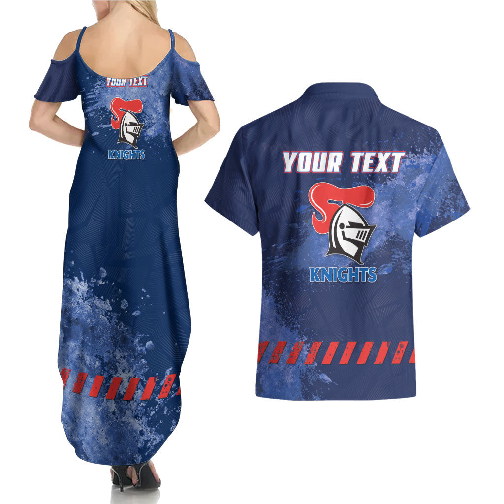 Personalised Newcastle Knights Rugby Couples Matching Summer Maxi Dress and Hawaiian Shirt Newy Warrior Mascot - Sporty Splash Art Style