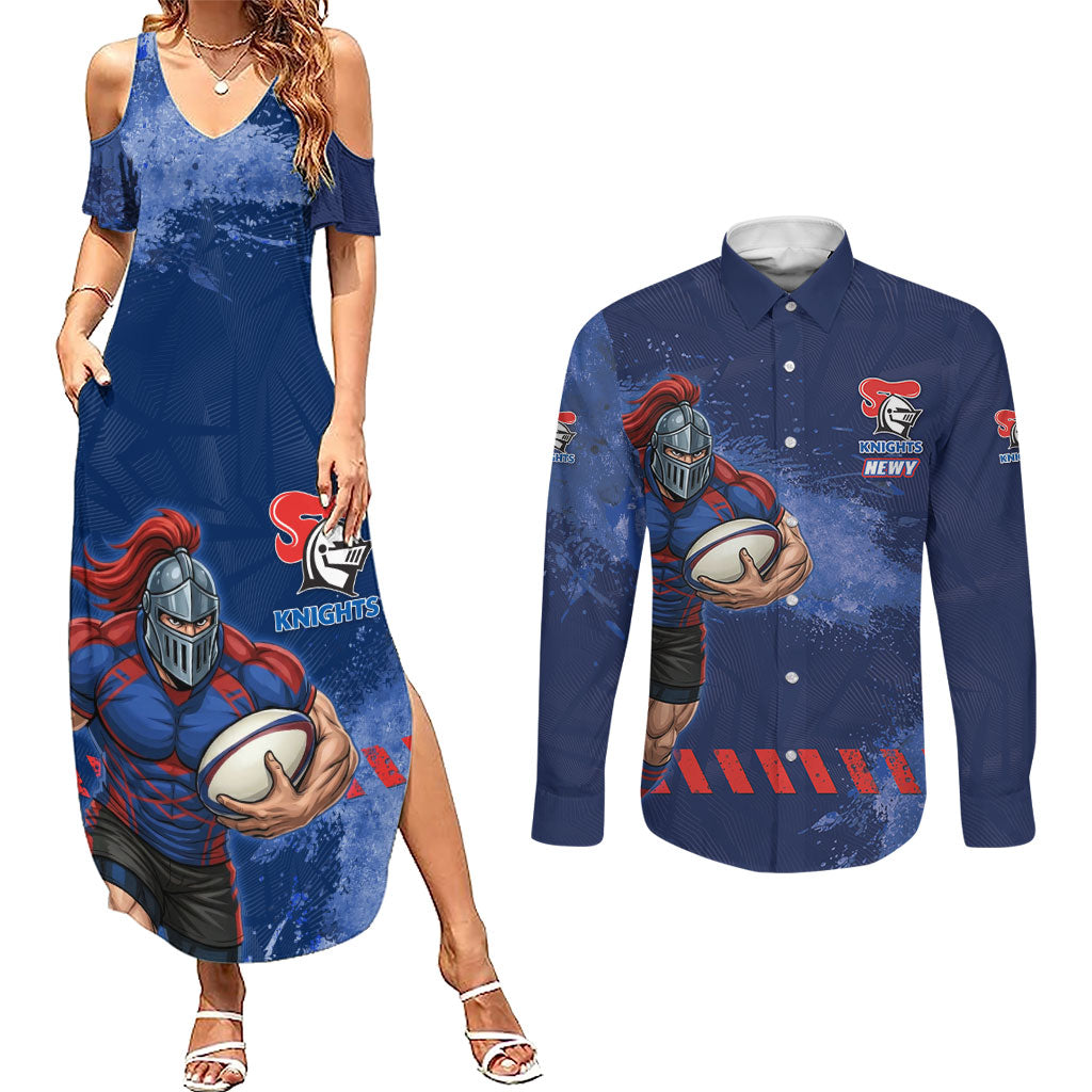 Personalised Newcastle Knights Rugby Couples Matching Summer Maxi Dress and Long Sleeve Button Shirt Newy Warrior Mascot - Sporty Splash Art Style