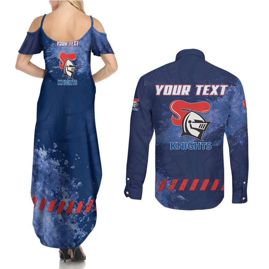 Personalised Newcastle Knights Rugby Couples Matching Summer Maxi Dress and Long Sleeve Button Shirt Newy Warrior Mascot - Sporty Splash Art Style