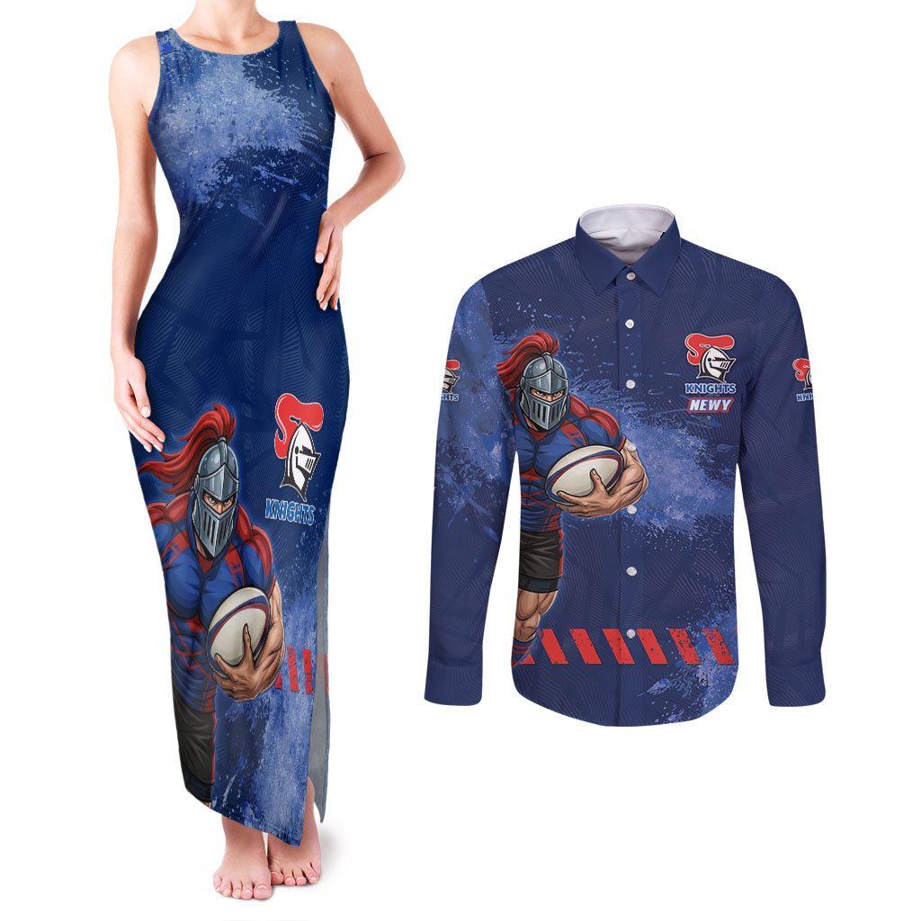 Personalised Newcastle Knights Rugby Couples Matching Tank Maxi Dress and Long Sleeve Button Shirt Newy Warrior Mascot - Sporty Splash Art Style