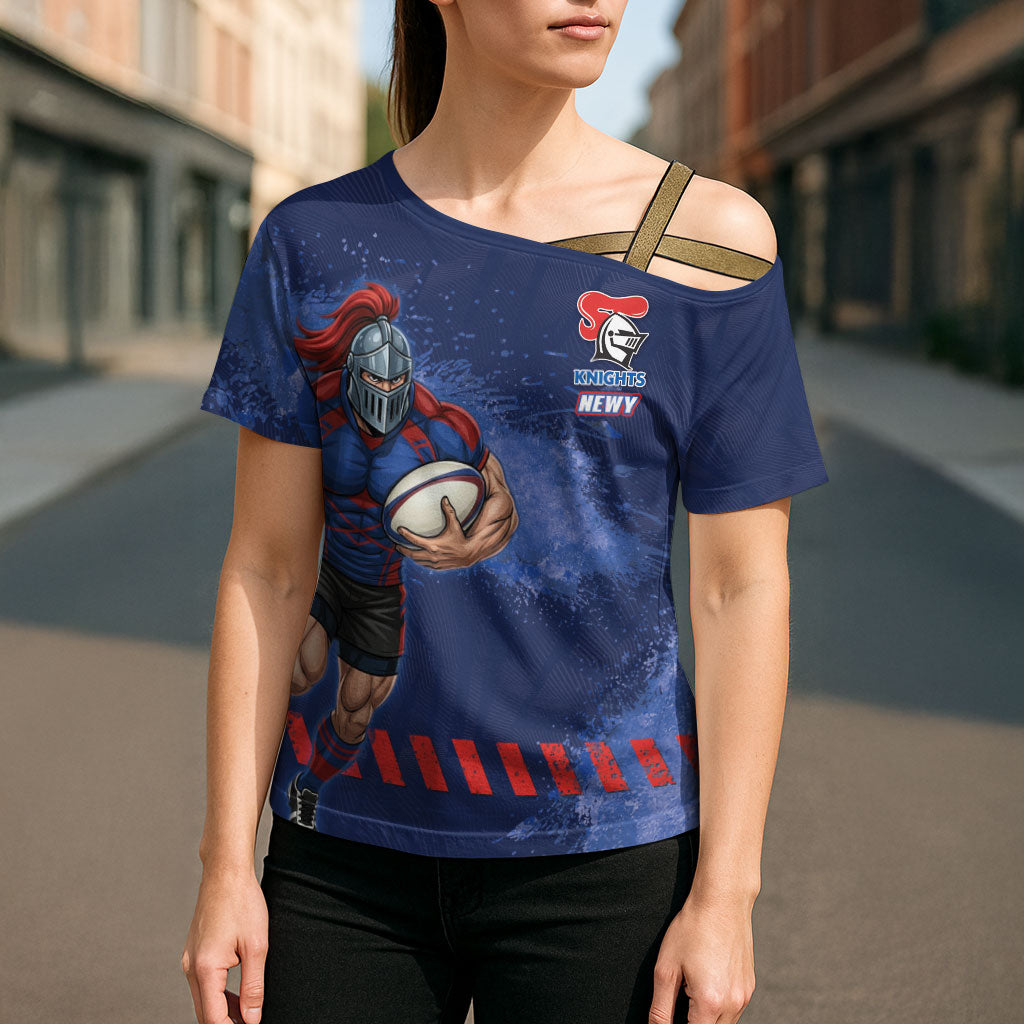 Personalised Newcastle Knights Rugby Cross Shoulder Shirt Newy Warrior Mascot - Sporty Splash Art Style
