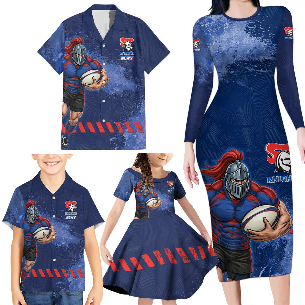 Personalised Newcastle Knights Rugby Family Matching Long Sleeve Bodycon Dress and Hawaiian Shirt Newy Warrior Mascot - Sporty Splash Art Style