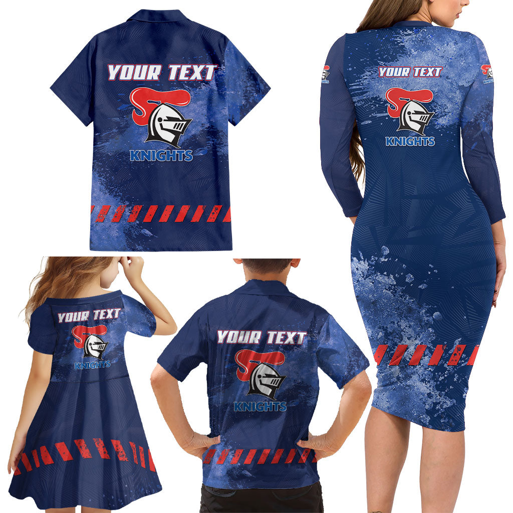 Personalised Newcastle Knights Rugby Family Matching Long Sleeve Bodycon Dress and Hawaiian Shirt Newy Warrior Mascot - Sporty Splash Art Style