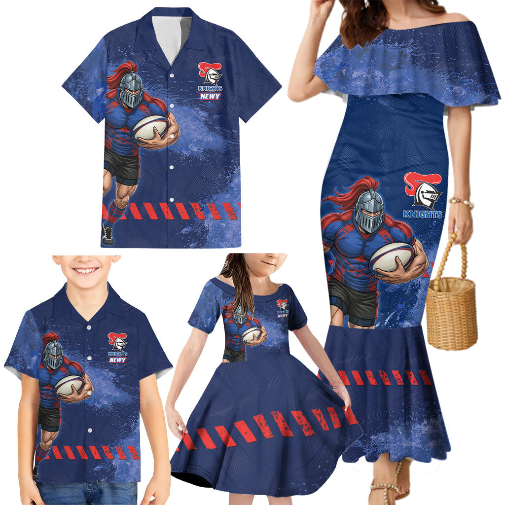 Personalised Newcastle Knights Rugby Family Matching Mermaid Dress and Hawaiian Shirt Newy Warrior Mascot - Sporty Splash Art Style