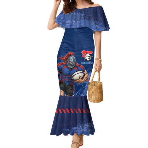 Personalised Newcastle Knights Rugby Family Matching Mermaid Dress and Hawaiian Shirt Newy Warrior Mascot - Sporty Splash Art Style
