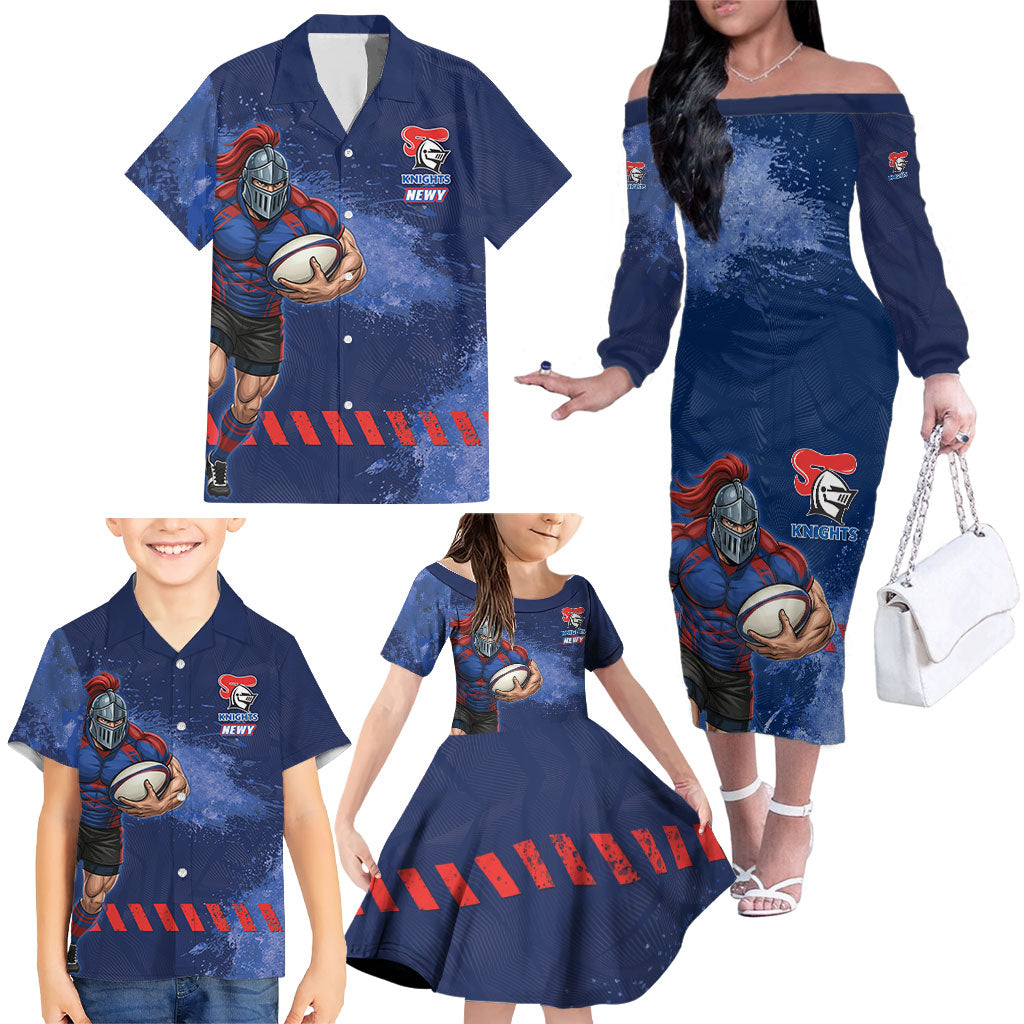 Personalised Newcastle Knights Rugby Family Matching Off The Shoulder Long Sleeve Dress and Hawaiian Shirt Newy Warrior Mascot - Sporty Splash Art Style