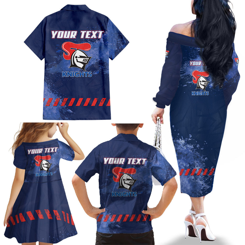 Personalised Newcastle Knights Rugby Family Matching Off The Shoulder Long Sleeve Dress and Hawaiian Shirt Newy Warrior Mascot - Sporty Splash Art Style