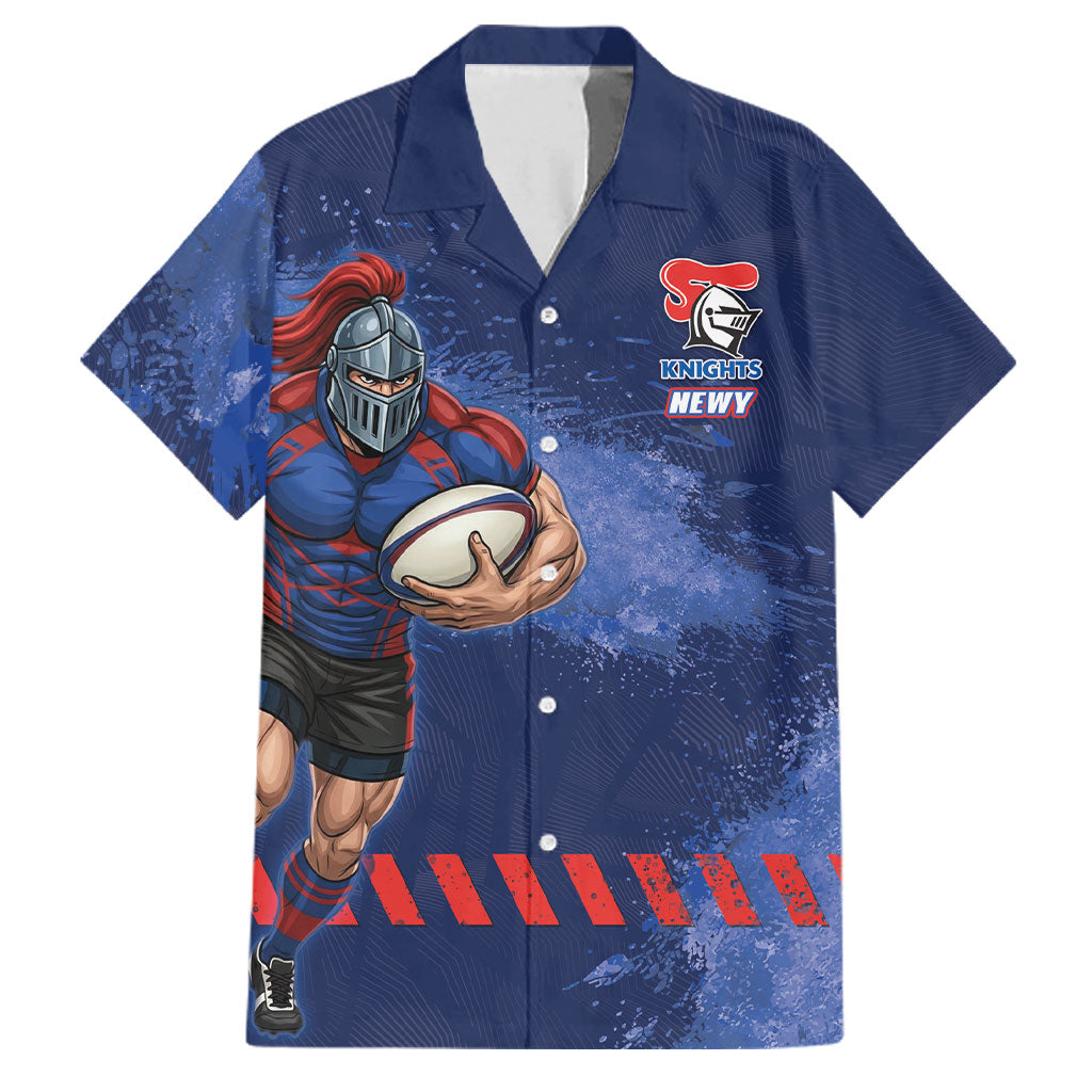 Personalised Newcastle Knights Rugby Family Matching Off The Shoulder Long Sleeve Dress and Hawaiian Shirt Newy Warrior Mascot - Sporty Splash Art Style