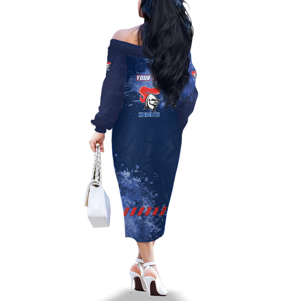 Personalised Newcastle Knights Rugby Family Matching Off The Shoulder Long Sleeve Dress and Hawaiian Shirt Newy Warrior Mascot - Sporty Splash Art Style