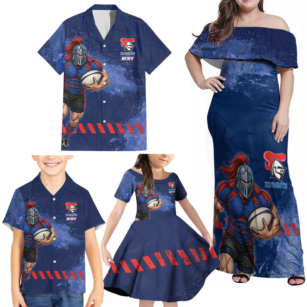 Personalised Newcastle Knights Rugby Family Matching Off Shoulder Maxi Dress and Hawaiian Shirt Newy Warrior Mascot - Sporty Splash Art Style