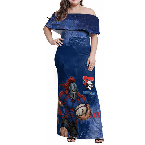 Personalised Newcastle Knights Rugby Family Matching Off Shoulder Maxi Dress and Hawaiian Shirt Newy Warrior Mascot - Sporty Splash Art Style