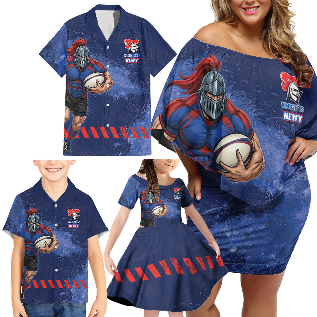 Personalised Newcastle Knights Rugby Family Matching Off Shoulder Short Dress and Hawaiian Shirt Newy Warrior Mascot - Sporty Splash Art Style