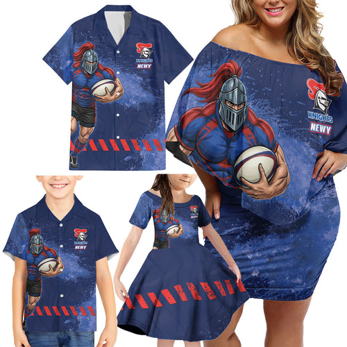 Personalised Newcastle Knights Rugby Family Matching Off Shoulder Short Dress and Hawaiian Shirt Newy Warrior Mascot - Sporty Splash Art Style