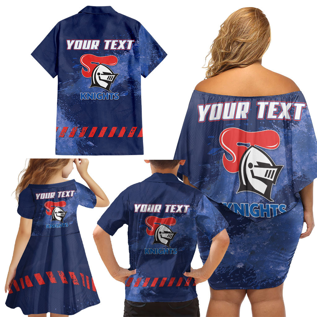 Personalised Newcastle Knights Rugby Family Matching Off Shoulder Short Dress and Hawaiian Shirt Newy Warrior Mascot - Sporty Splash Art Style