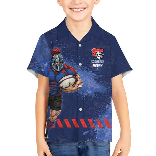 Personalised Newcastle Knights Rugby Family Matching Off Shoulder Short Dress and Hawaiian Shirt Newy Warrior Mascot - Sporty Splash Art Style
